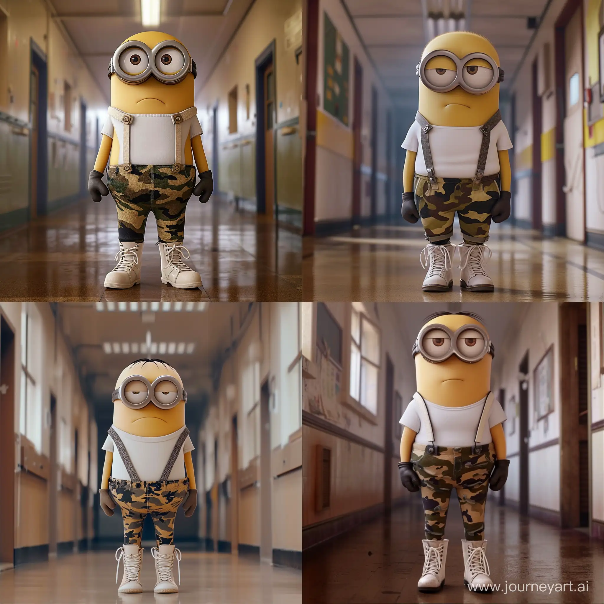 Serious-Chubby-Minion-in-Camouflage-Pants-Stands-in-School-Corridor