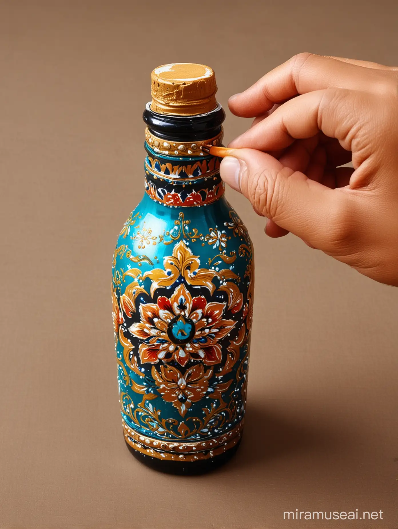 A hand painting a Mughal design on a bottle  using acrylic paints