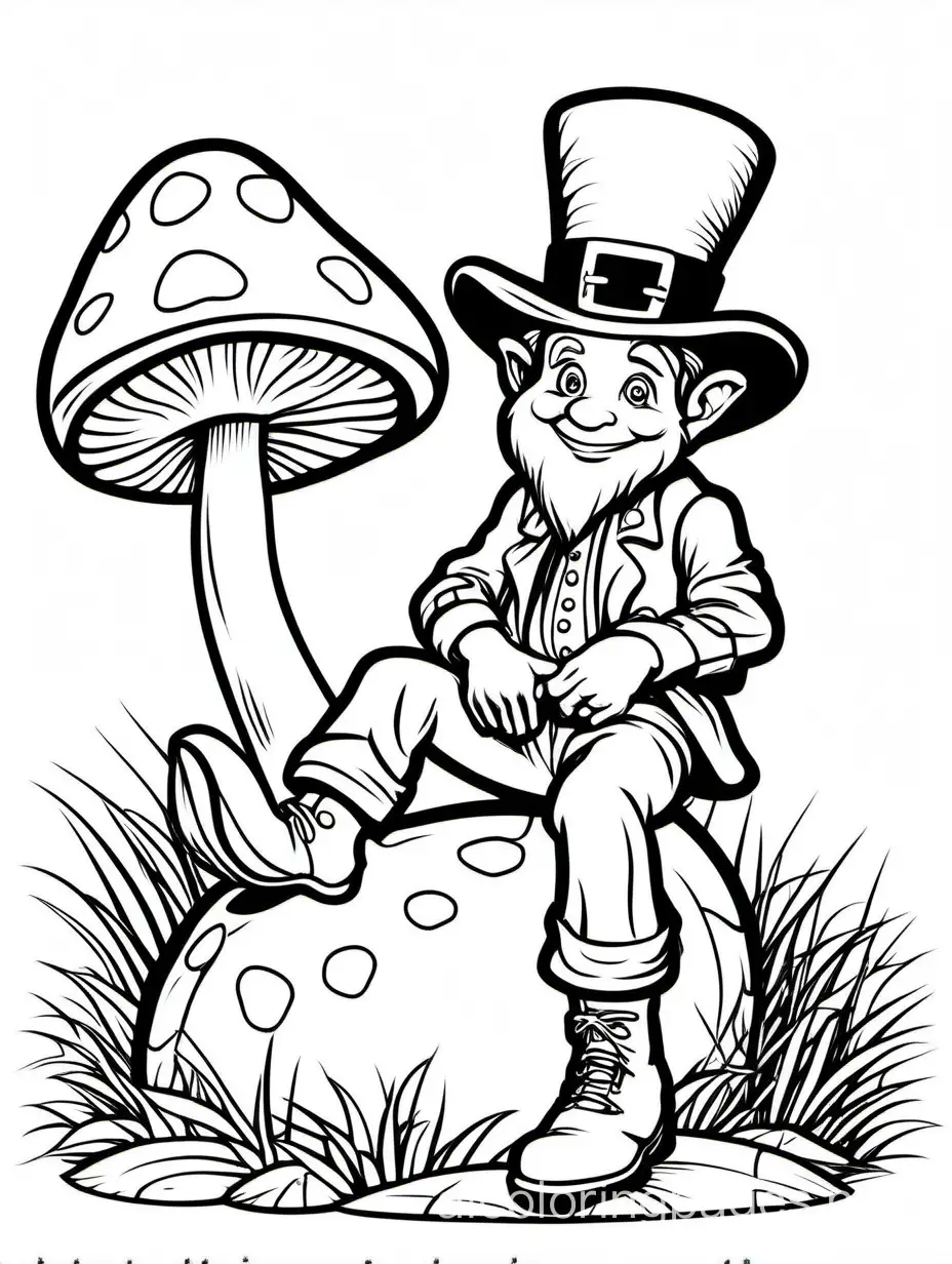 Leprechaun sitting on a mushroom for St. Patrick's Day for kids, Coloring Page, black and white, line art, white background, Simplicity, Ample White Space. The background of the coloring page is plain white to make it easy for young children to color within the lines. The outlines of all the subjects are easy to distinguish, making it simple for kids to color without too much difficulty