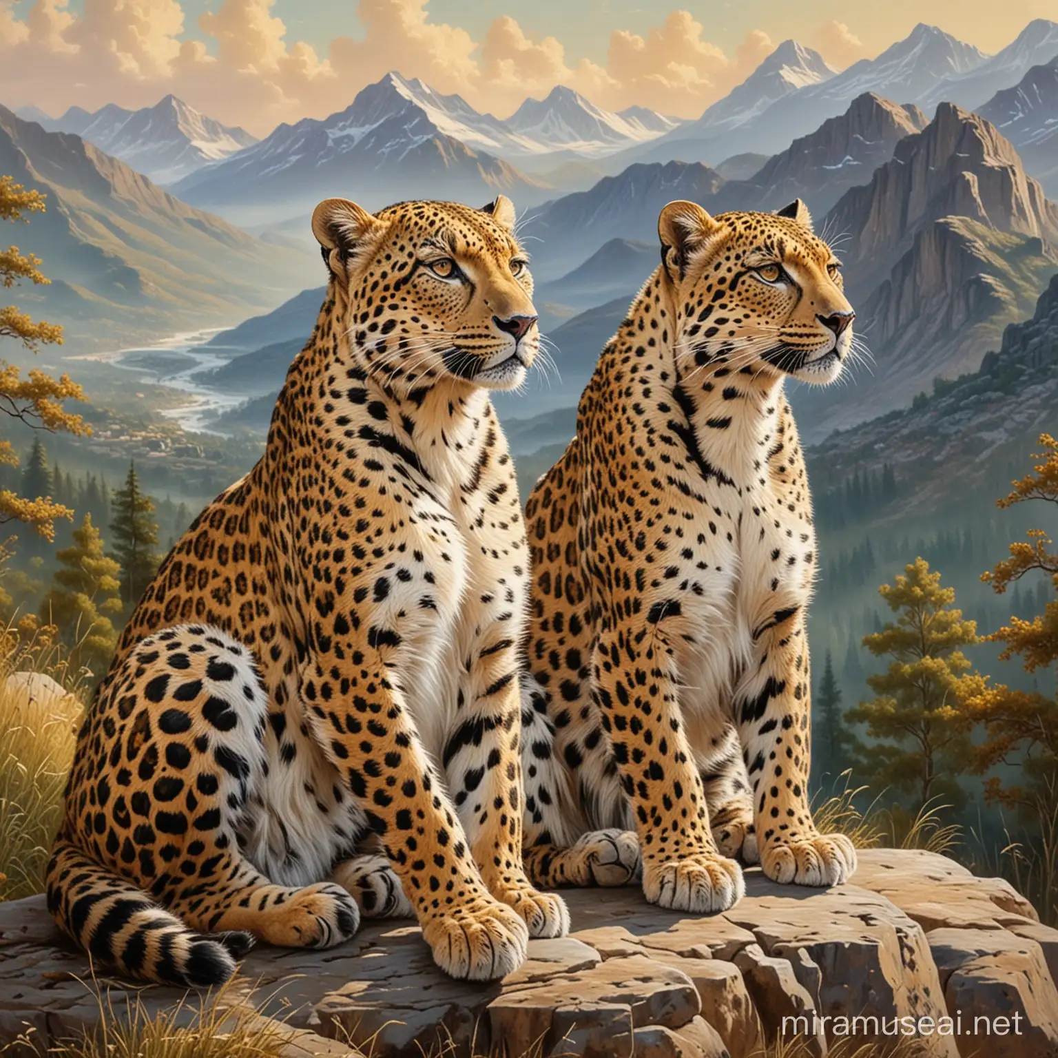 Стиль, живопись.Масляные краски.Он нес.Это очень красивых и чётких леопардов.Сидят на фоне гор.Рядом с друг с другом?