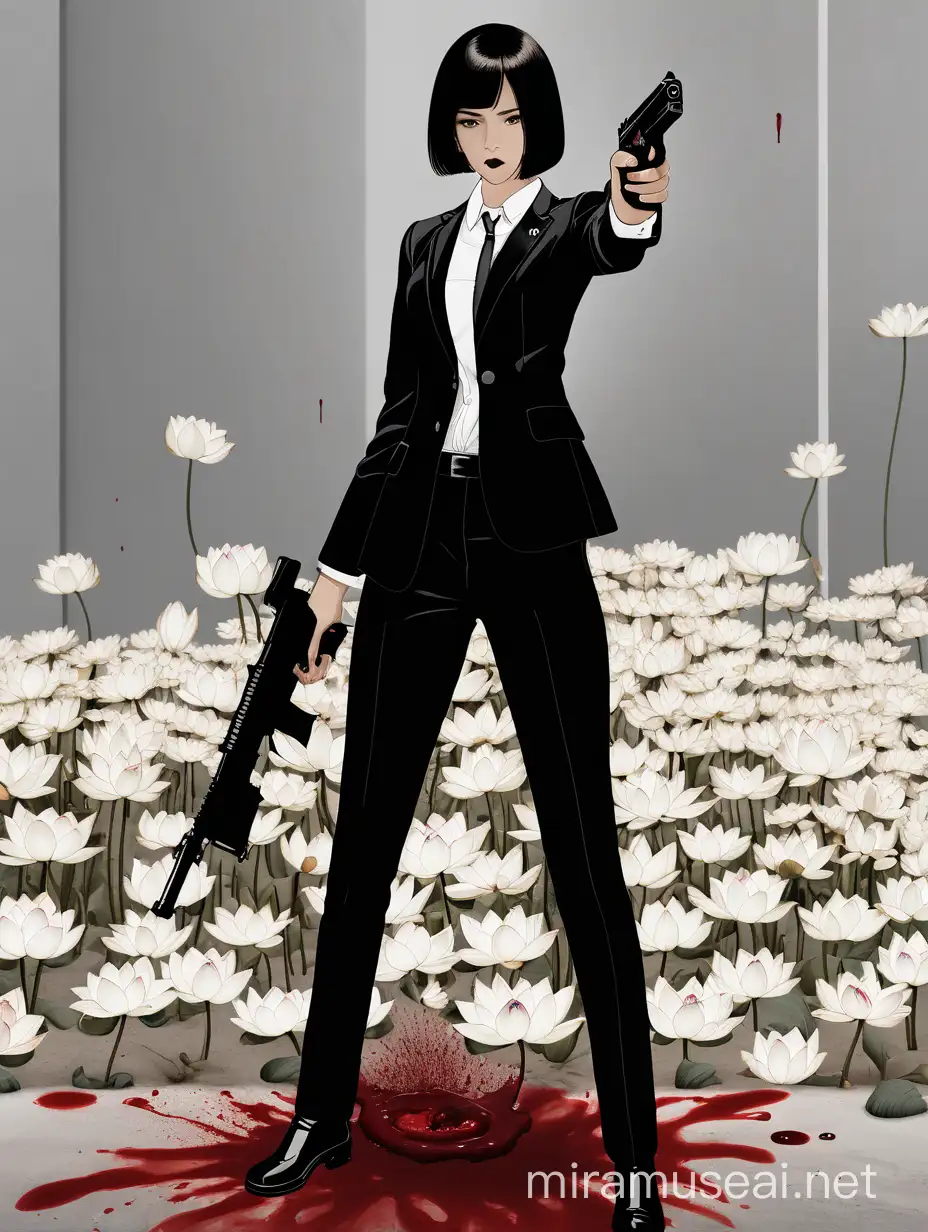 A woman dress in black suit and she is holding gun and covers blood standing on the front. white lotus on the ground near her feat. 