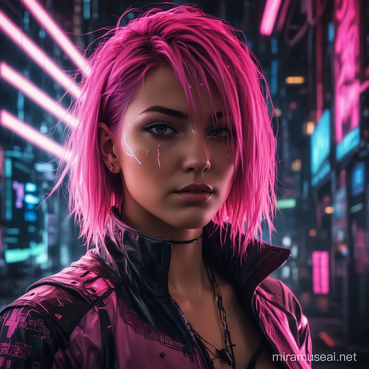 Glamour shot, A cyberpunk hacker with neon-streaked hair, her face partially obscured by digital data streams and shadows, illuminated in vibrant pink tones. She is surrounded by a high-tech atmosphere that adds to the mystery of her covert activities
