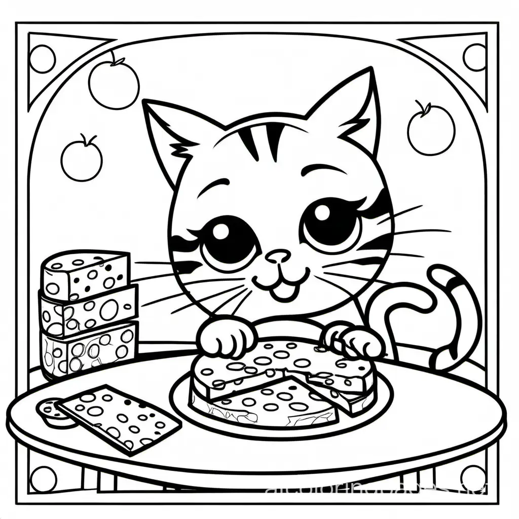 Cat-Eating-Cheese-Coloring-Page-Simple-Line-Art-on-White-Background