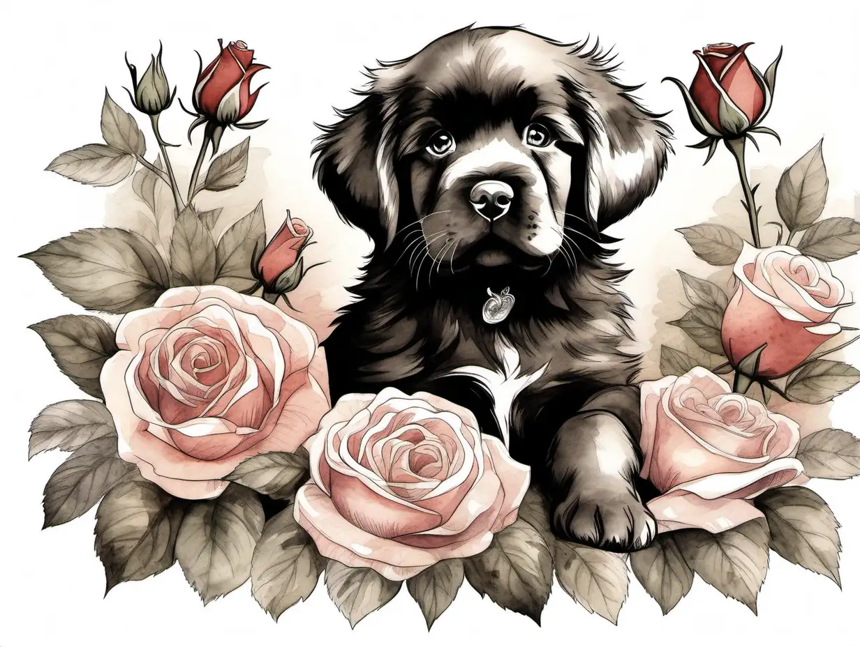 Design an Ink Wash vintage piece of heartwarming art featuring the cutesst young Newfoundland puppy surrounded by a bouquet of roses.  Capture the essence of the bond between a dog and nature, creating a piece that resonates with great dance lovers who appreciate the beauty of both their beloved pets, and blooming flowers

