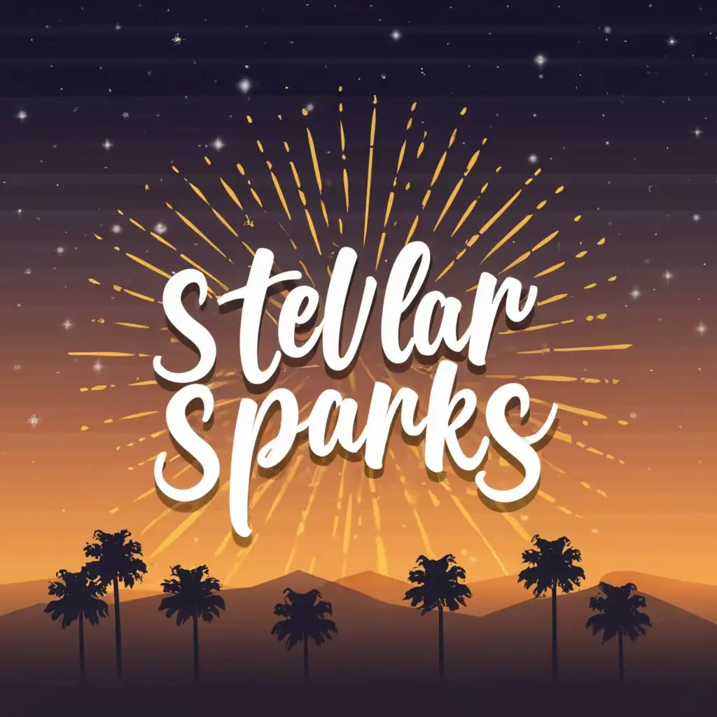 logo, fireworks, palm trees, sunset, with the text "stellar sparks", typography, be used in Education industry