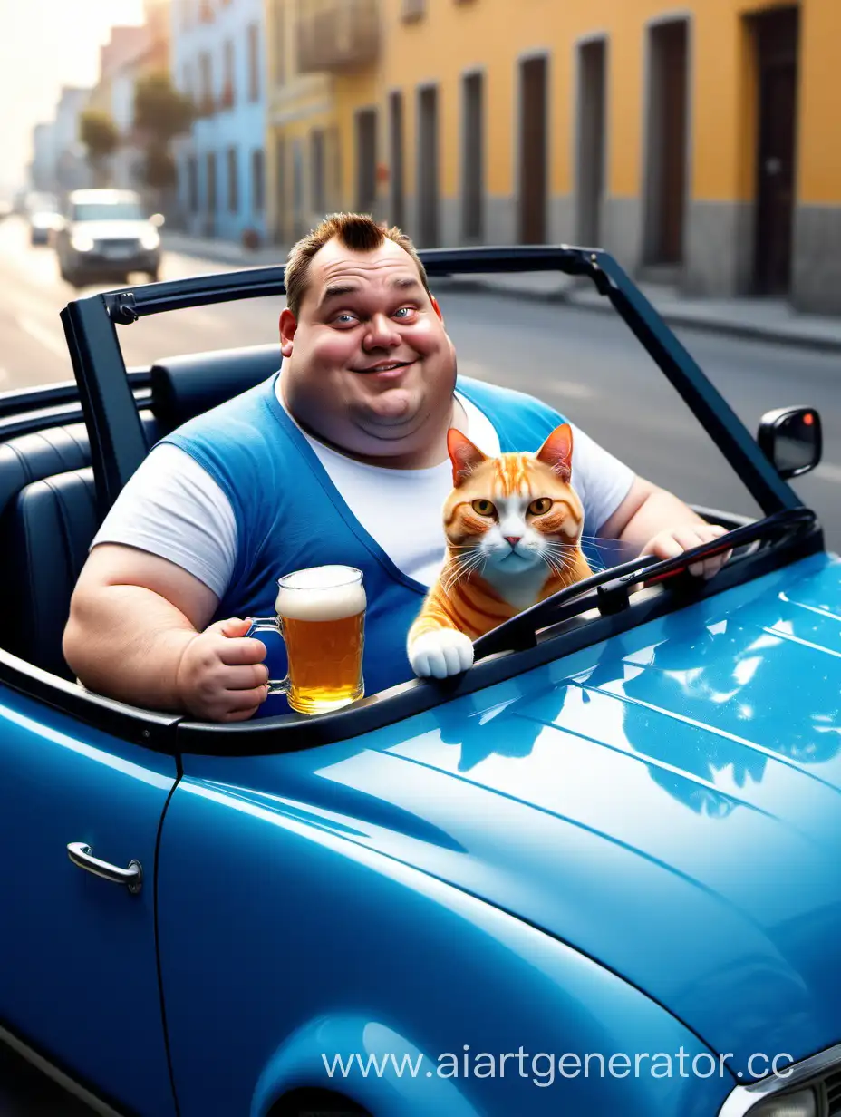 Толстый мужик с кружкой пива и котик едут в голубом кабриолете