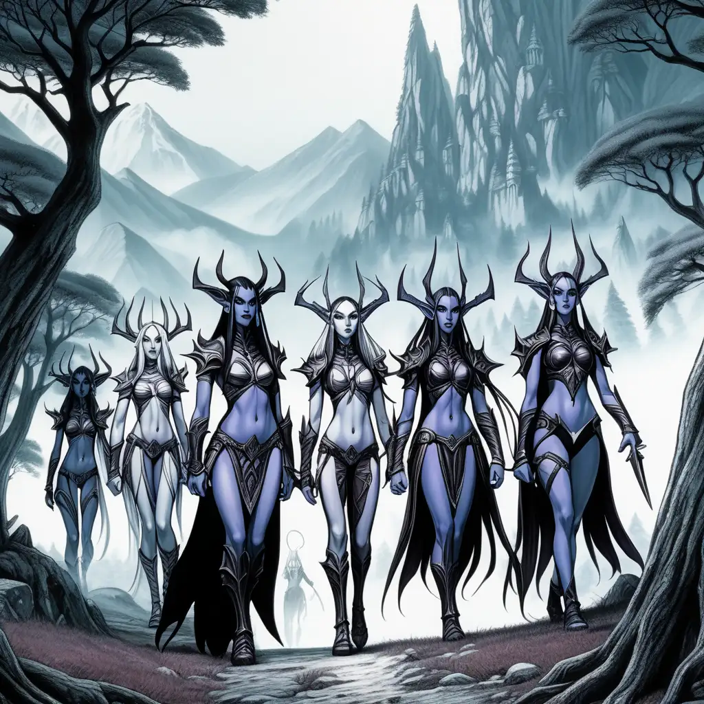 Fantasy Forest Stroll MangaStyled Dark Elves Exploring Mountains