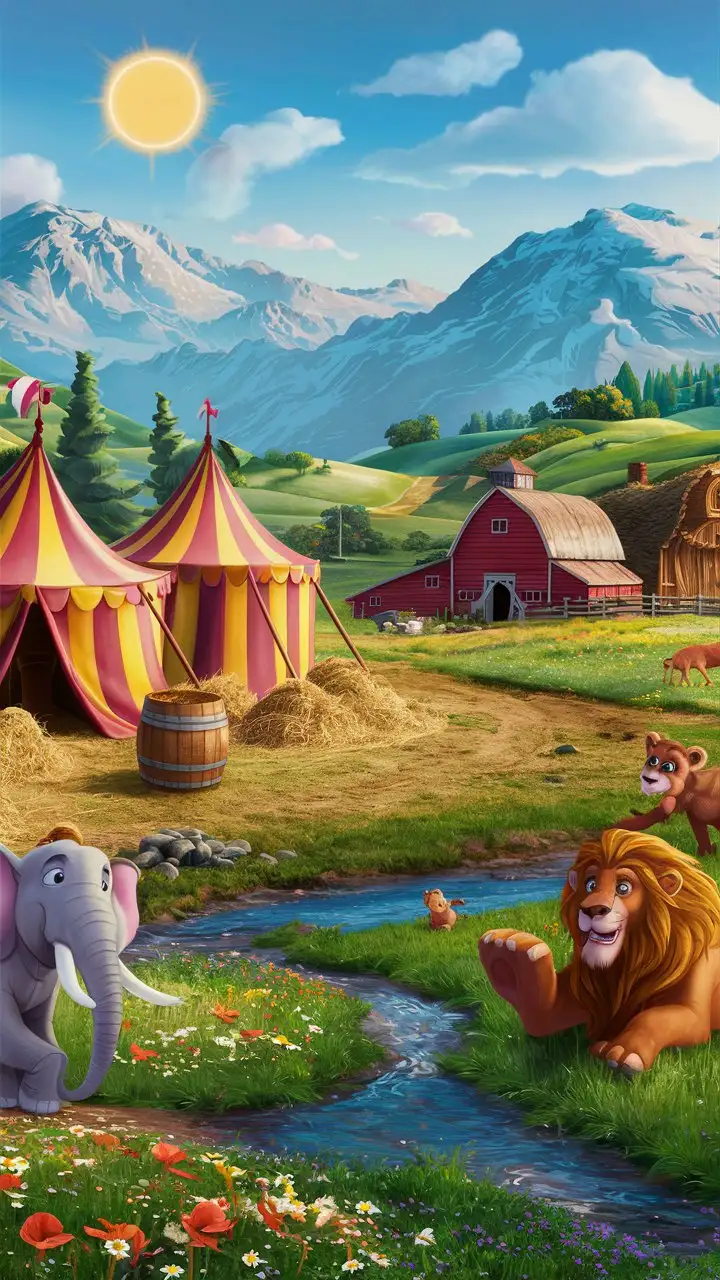 Create a Pixar illustration of a sunny day on a farm with 2 different color circus tents near a wooden barrel and piles of hay. near majestic mountains stand guard in the background, their peaks touching the first light. Below, a serene farm scene emerges, with a traditional red barn and cozy wooden farmhouse nestled among rolling hills of lush greenery. The foreground is alive with color: a vibrant flowerbed of poppies and daisies borders a gently babbling brook, its waters reflecting the morning light. Among the flowers, an animated gray elephant, a joyful brown bear cub, and a proud lion add a touch of whimsy to the landscape. A serene river weaves through the scene, bridging the tranquil farm life with elements of fantasy. Overhead, flocks of birds take flight, embracing the crisp morning air. This condensed version still aims to capture the splendor and color of the original vision, blending elements of nature and fantasy into a cohesive and enchanting scene
