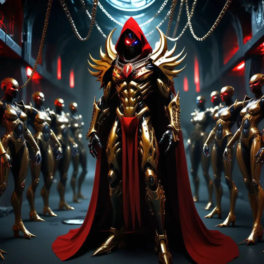 Cyber face male hell spawn massive body in 3D gold black armor, gold chains 3D medallion labeled "D" on it, full body image zoomed-out, personal defense weapons chains red demonic cape, futuristic cyberpunk cave streets surrounded with beautiful african American women