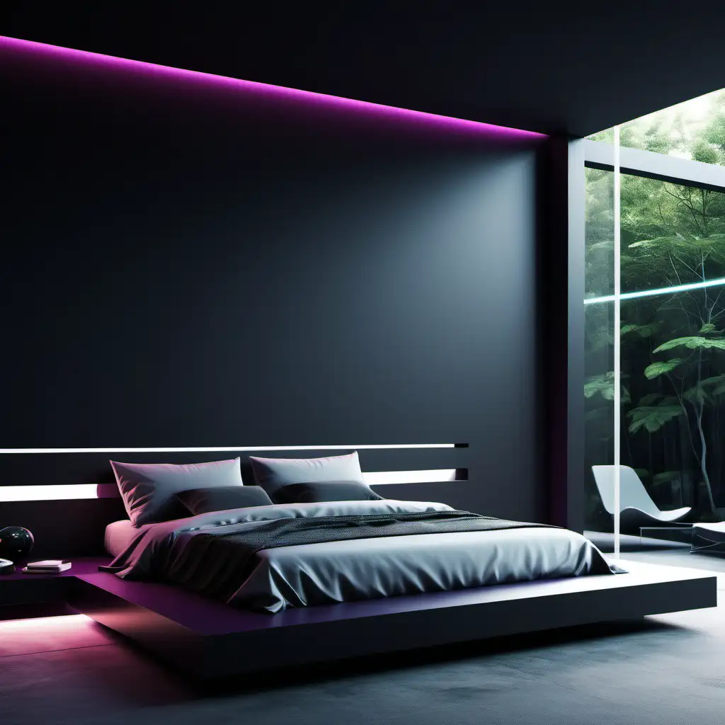 Create a futuristic minimalist bedroom. Create the bedroom more colorful and vibrant. Create the outside environment dark. Create a open frame bed.