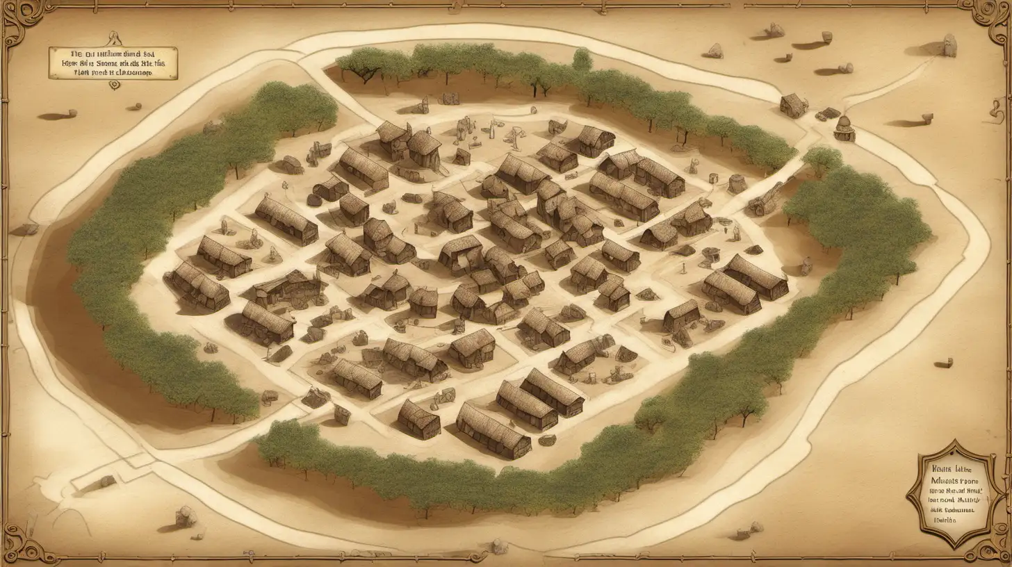 Medieval Desert Village Map with Central Meeting Hall and Open Layout