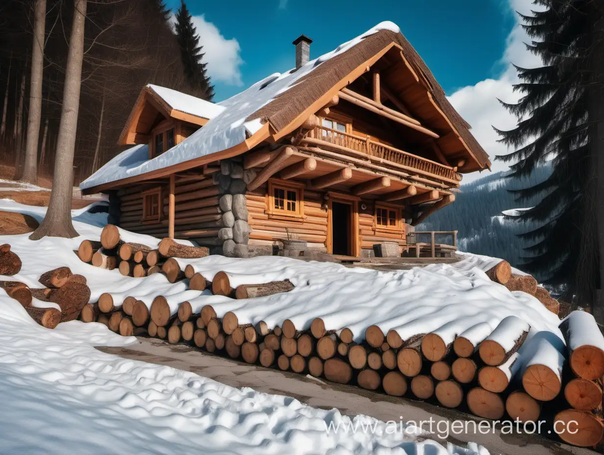 Rustic-Thatched-Log-House-on-Snowy-Mountain-Cliff-with-Open-Porch