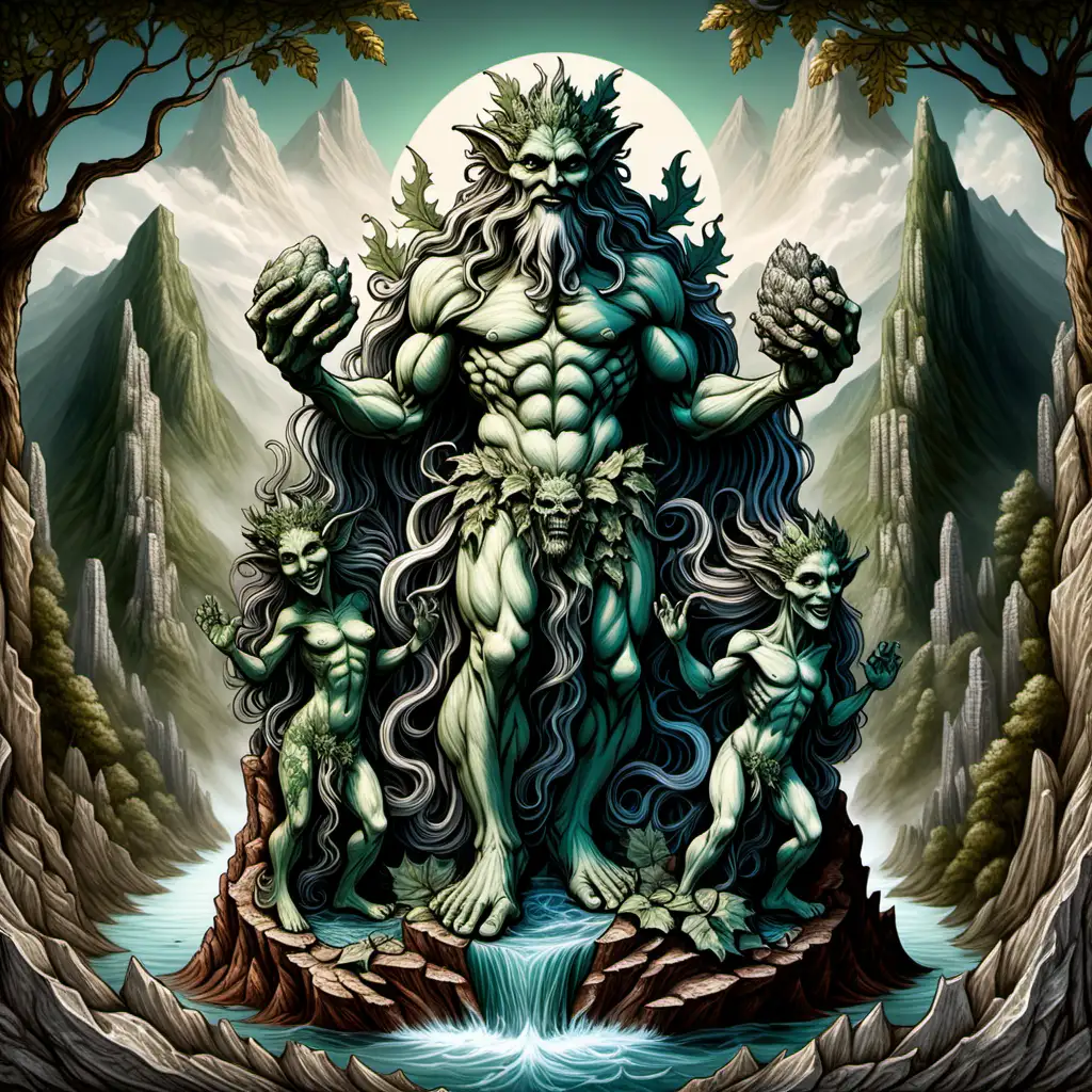 Multilayered with high detail, standing smiling greenman with long flowing hair holding 2 halves of an amonite fossil and gargoyles on the top of a mountain with flowing waters and detailed trees