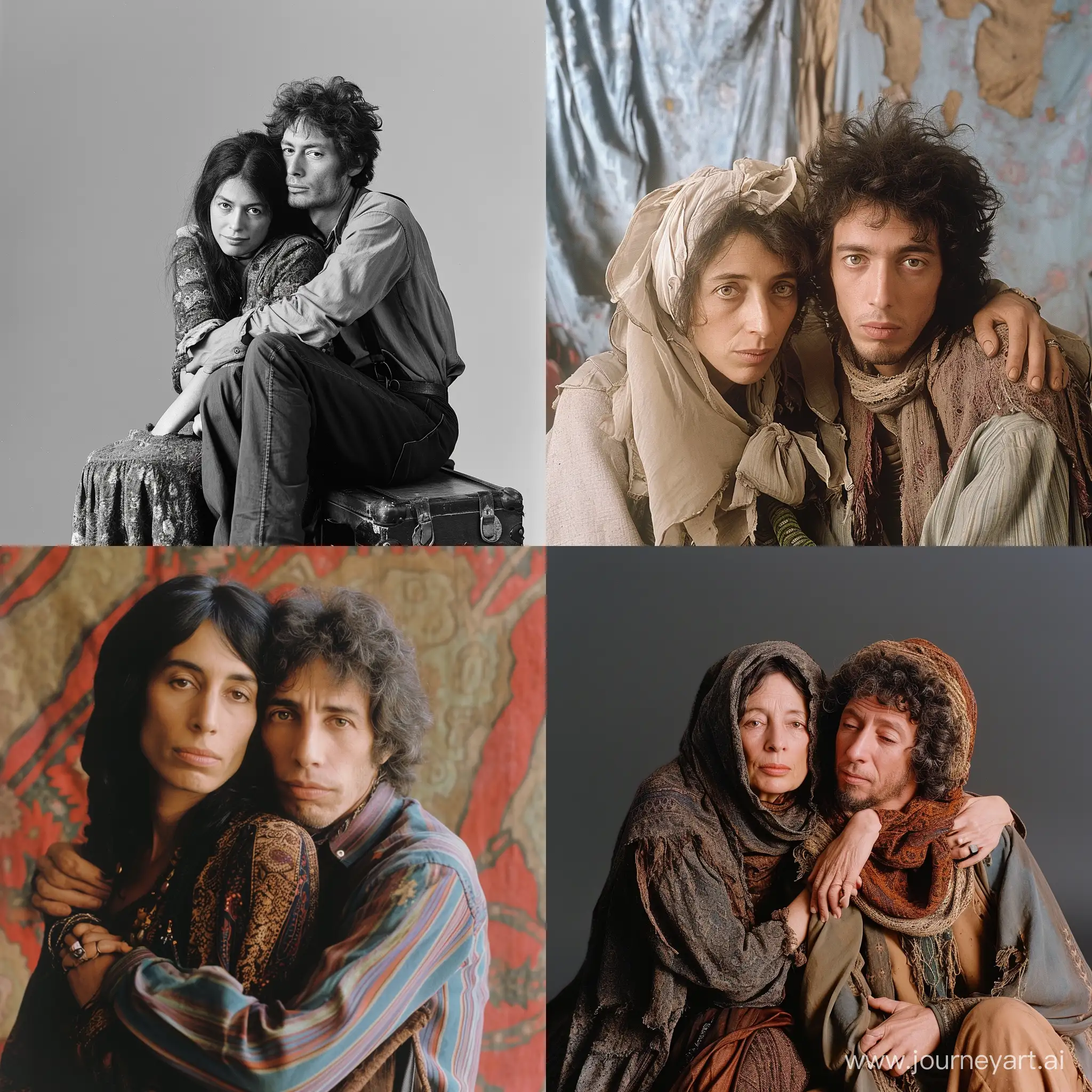 joan baez and bob dylan recreating the famous album cover photo of the music album"Unfinished Music No.1: Two Virgins"