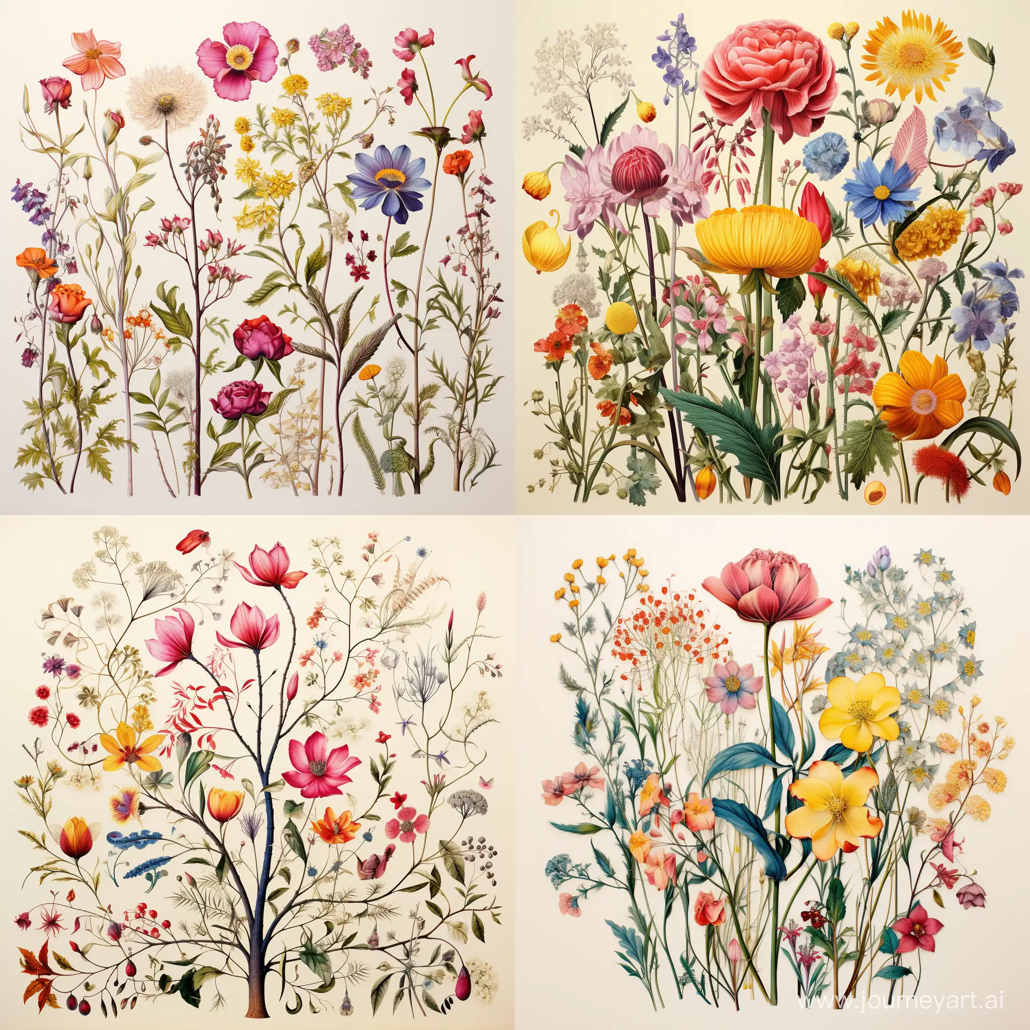 botanical illustrations of flowers and trees