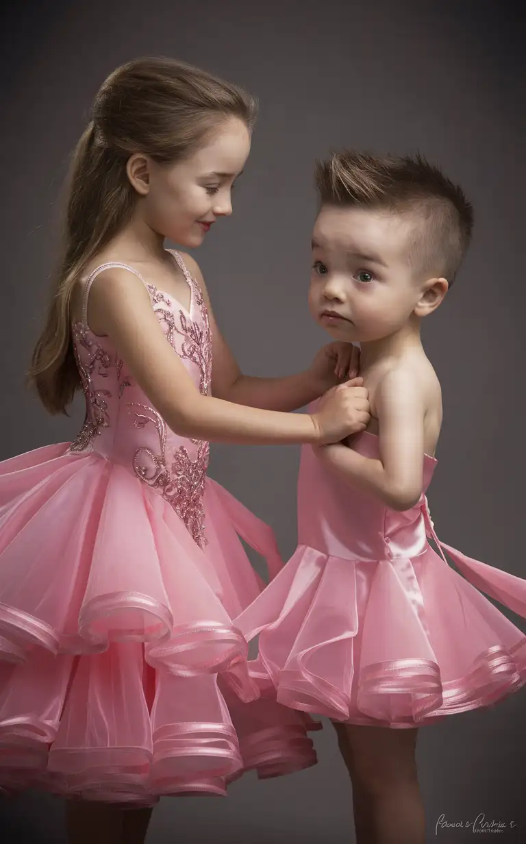 (((Gender role-reversal))), photograph, a 7-year-old girl with long hair is wearing a pink ballroom dress, and a shy cute little 6-year-old boy with short smart spiky hair is standing next to her, the boy looks jealous, the girl is dressing the boy in a pink ballroom dress, adorable, perfect faces, perfect faces, clear faces, perfect eyes, perfect noses, smooth skin, photograph style, real
