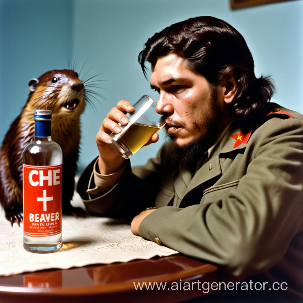 Че Гевара пьет водку с  бобром  на столе
