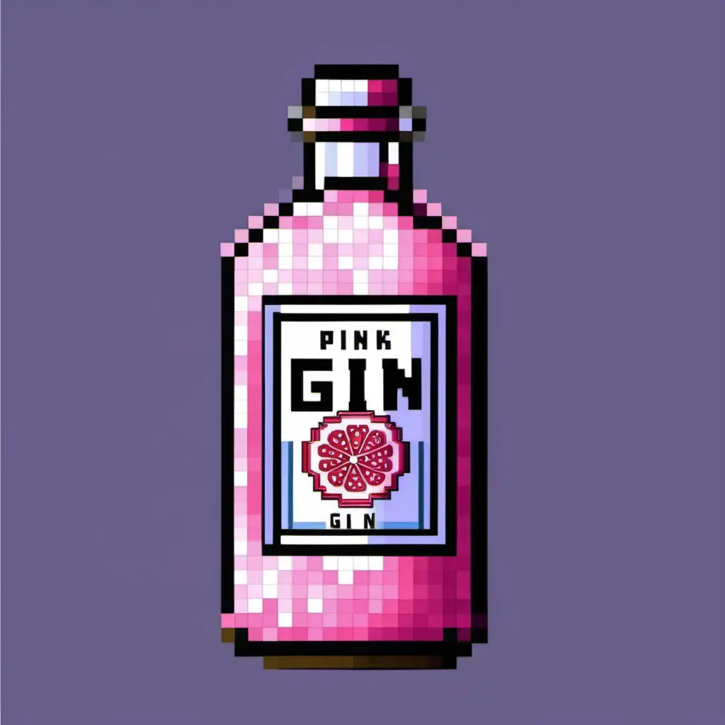 Vibrant Pixel Art Pink Gin Bottle Illustration