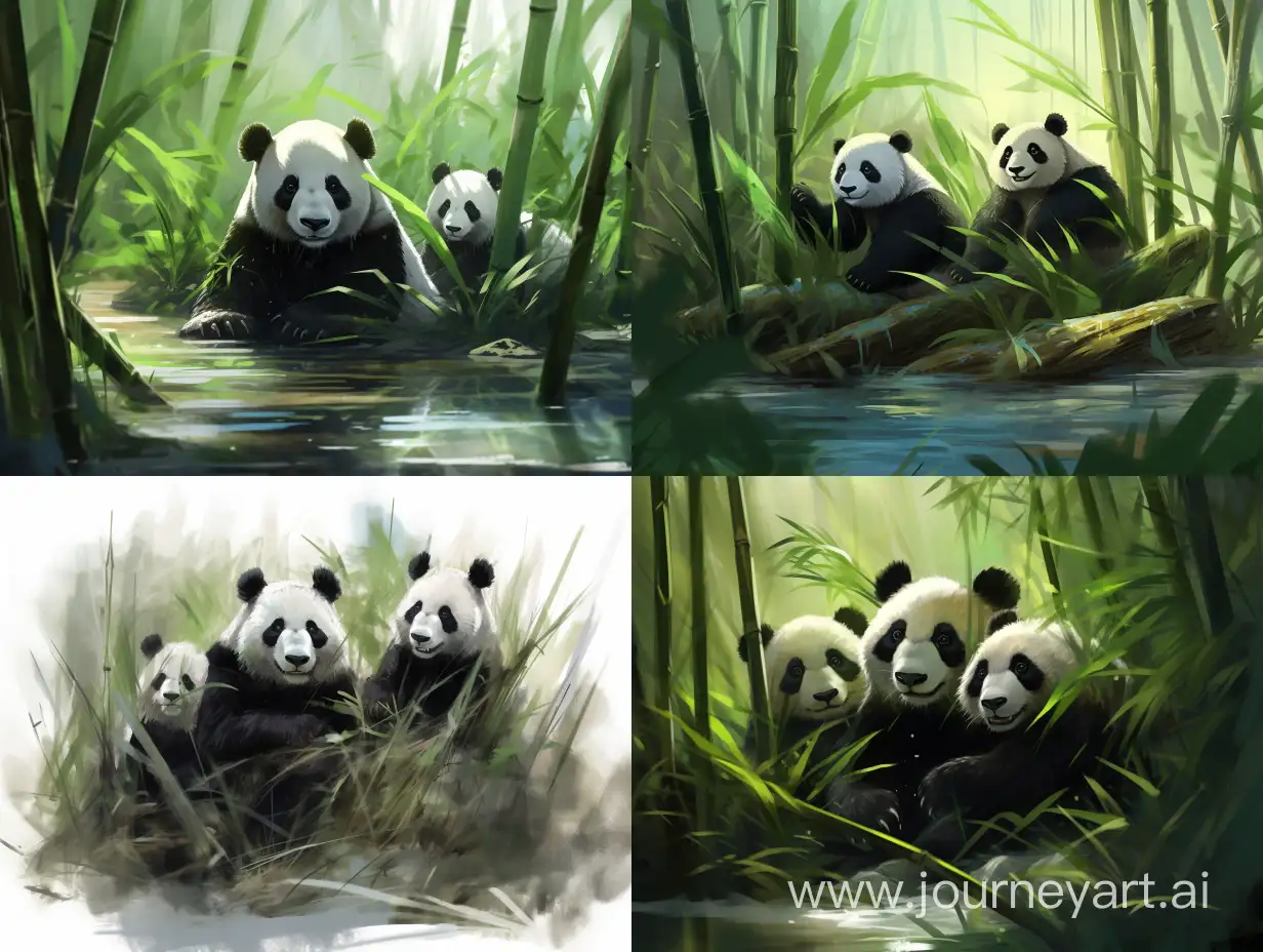 pandas, bamboo, forest, sketch art