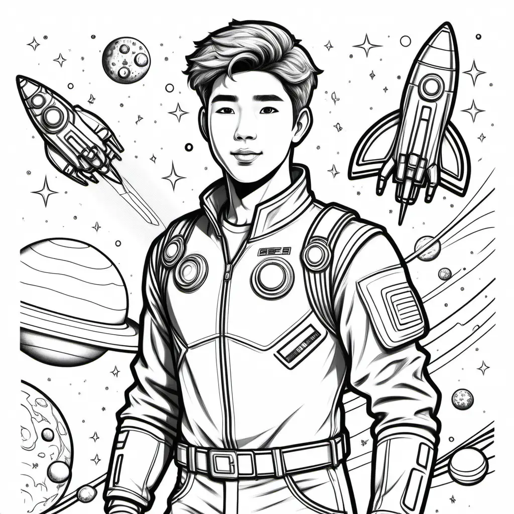 line art of Trev, teenage male, space ranger, korean, coloring page for kids, 100%20white background