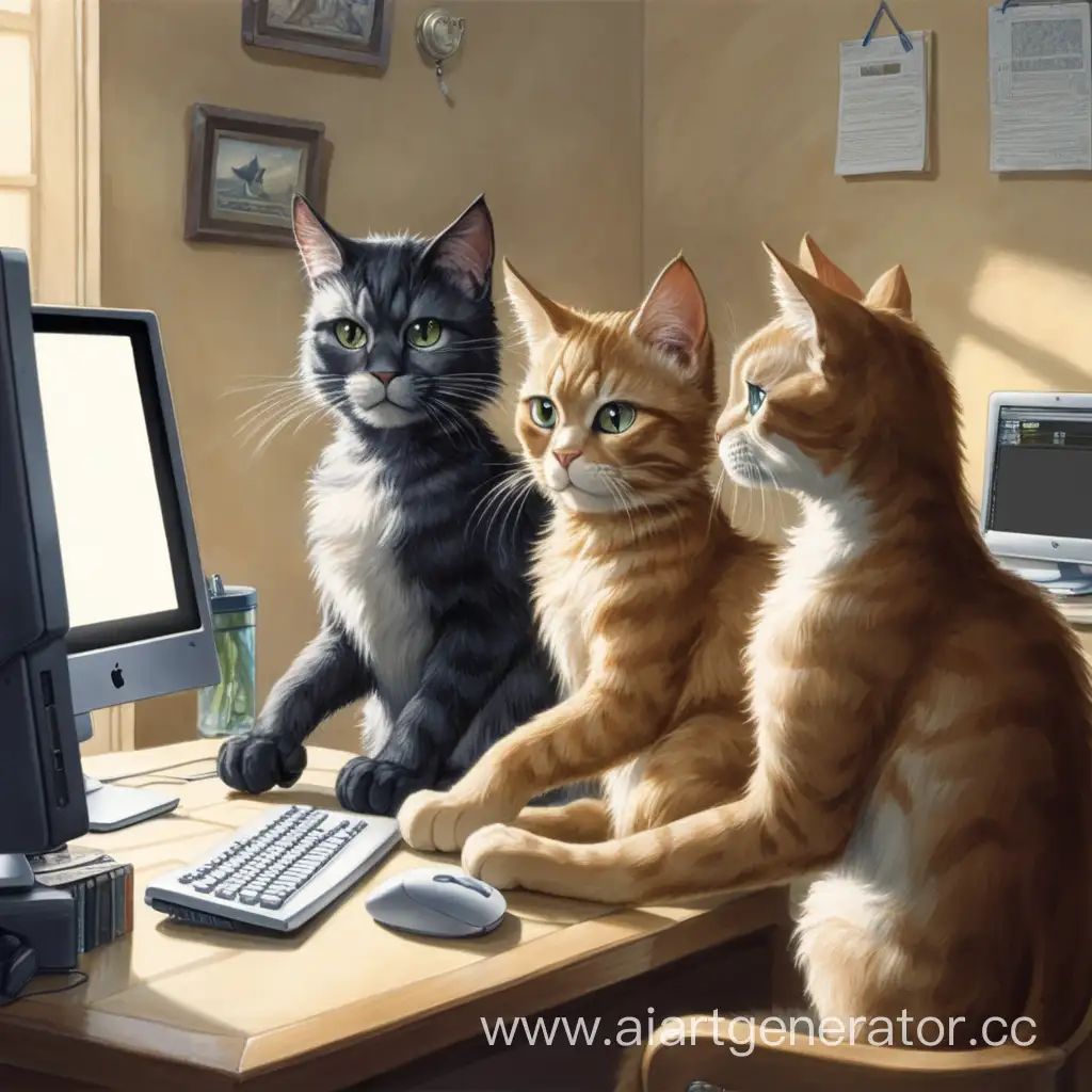 Три кошко-человеки сидят за компьютером
