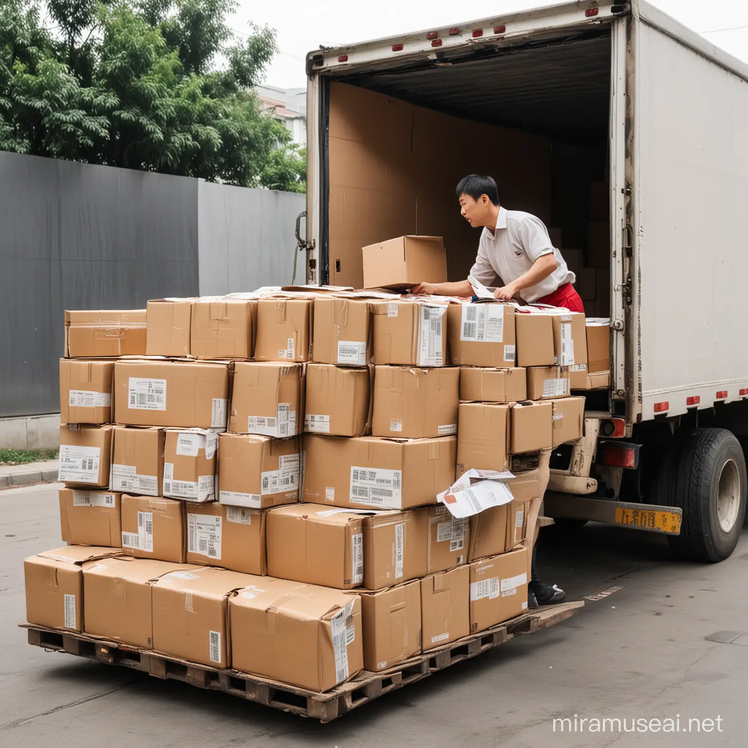 Chinese Worker Loading Truck with Delivery Boxes
