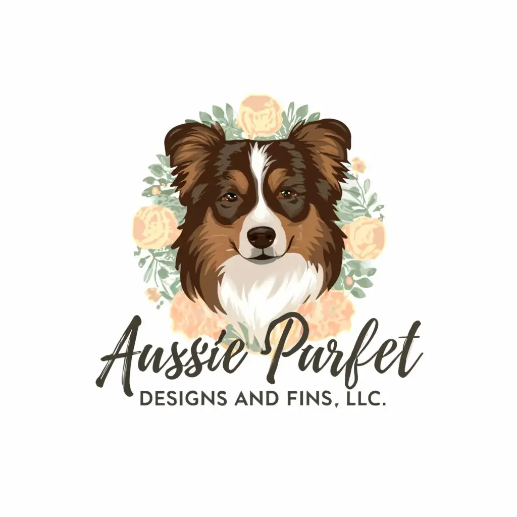a logo design,with the text Aussie Purrfect Designs and Finds LLC, main symbol:Australian shepherd puppy floral accent modern,Moderate,be used in Animals Pets industry,clear background accurate spelling 