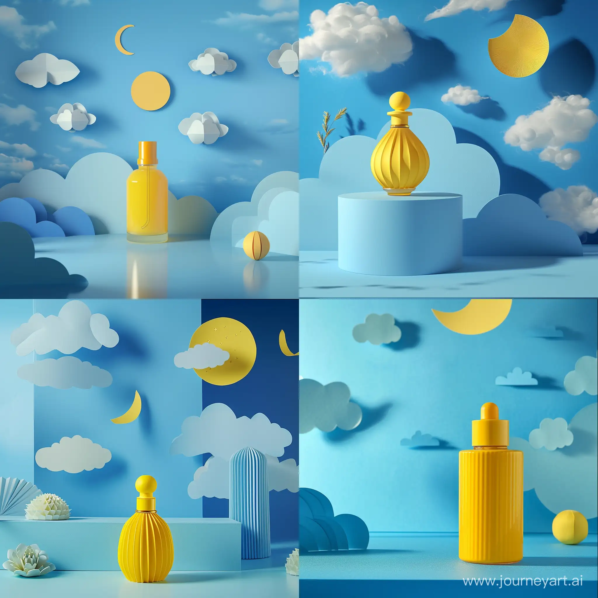 A yellow perfume bottle standing on a blue surface, in front of a blue paper art background with paper clouds, paper moon