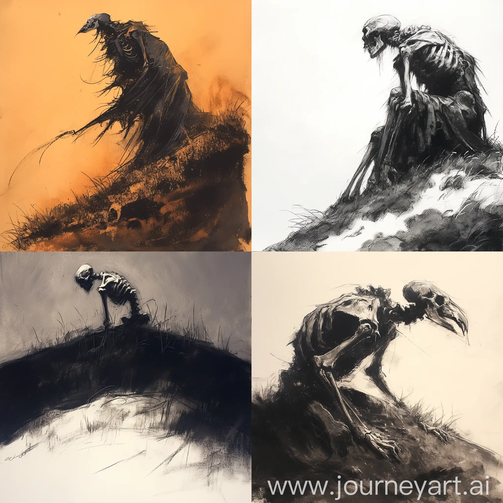 a charcoal sketch art drawing of a skeleton monster on a hill, side view, charcoal, abstract, art --niji 6