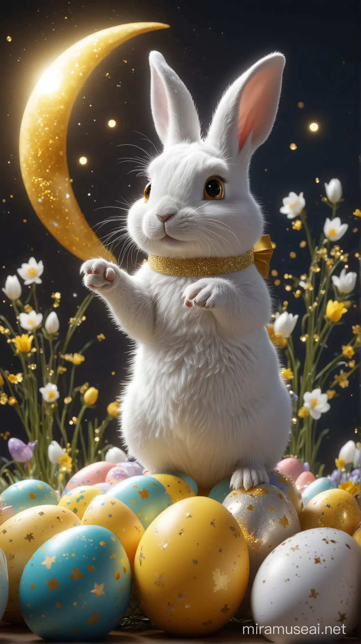 3D 8k shining and glittering small white rabbit holding on his hand easter eggs glittering and shinning eggs with yellow moon glittering and shinning at the midnight