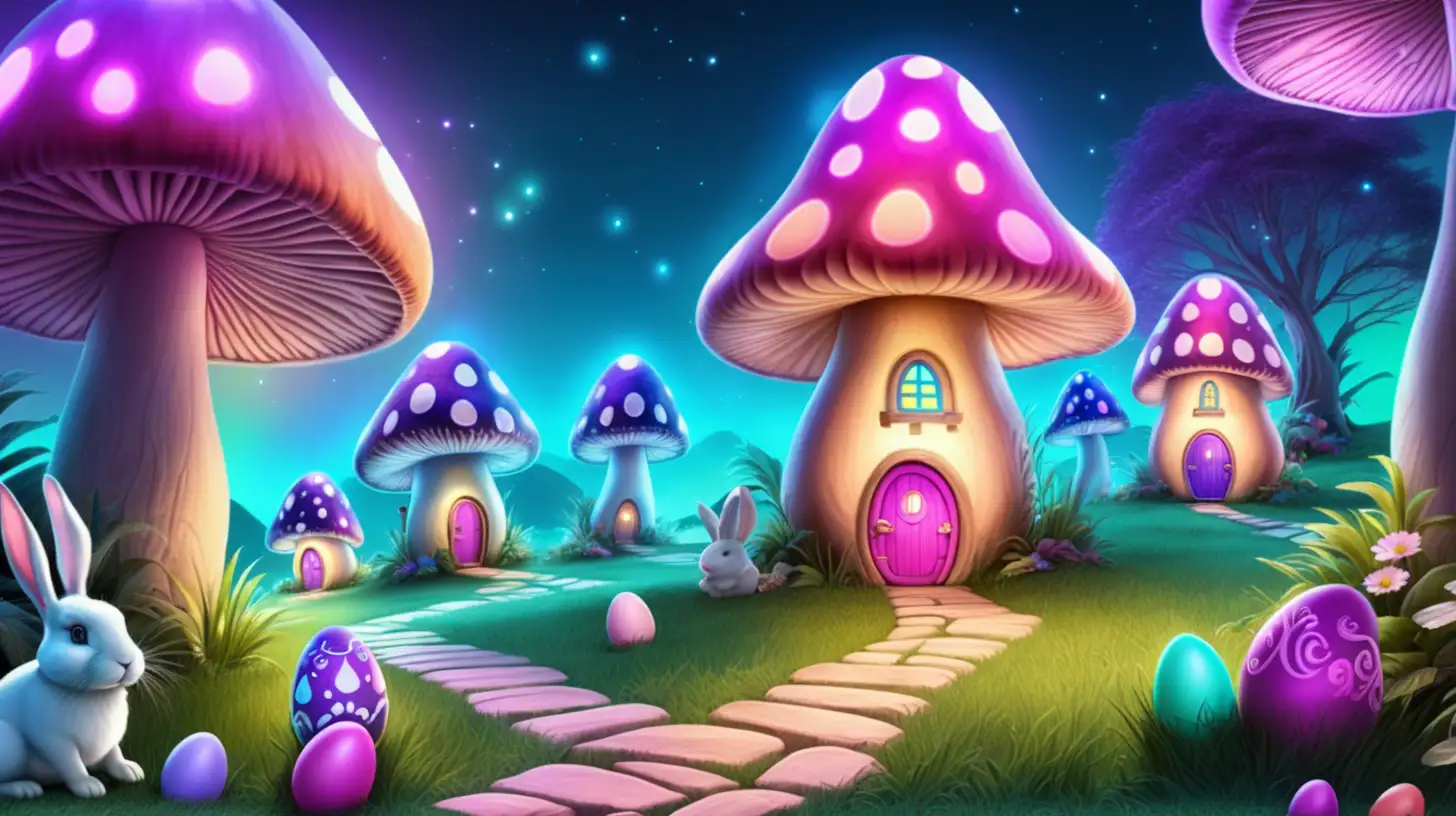 Glowing Magical-Fairytale-mushroom houses with magical palm leaves path and easter eggs and bright-pink-Purple-Blue-Green and bunny