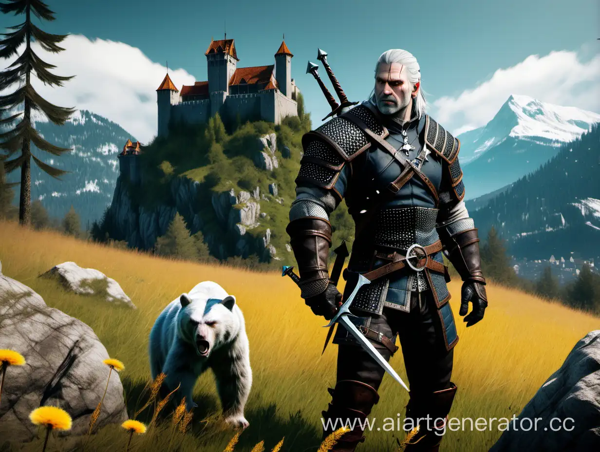 The Witcher Geralt of Rivia in the armor of the Bear School stands in the grass holding a large dandelion in his hand. In the background, on the rock, stands the witcher fortress of Kaer Morhen, surrounded by a lot of fir trees. The weather is sunny, without clouds.