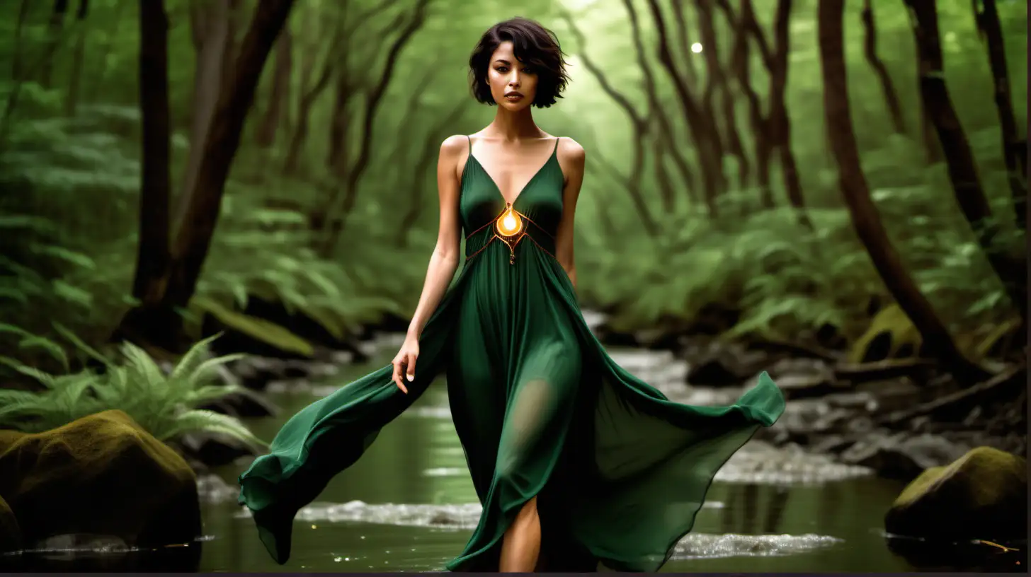 Leo Sun, Cancer Moon, and Capricorn Rising:
dark short hair, brown eyes, olive skin, full body thin hourglass figure in a gorgeous flowy earthy deep green dress, walking in a forest surrounded by earth, fire, and water 
Regal caretaker, embodying Leo's radiant leadership with Cancer's nurturing heart, all grounded in Capricorn's disciplined resolve. 