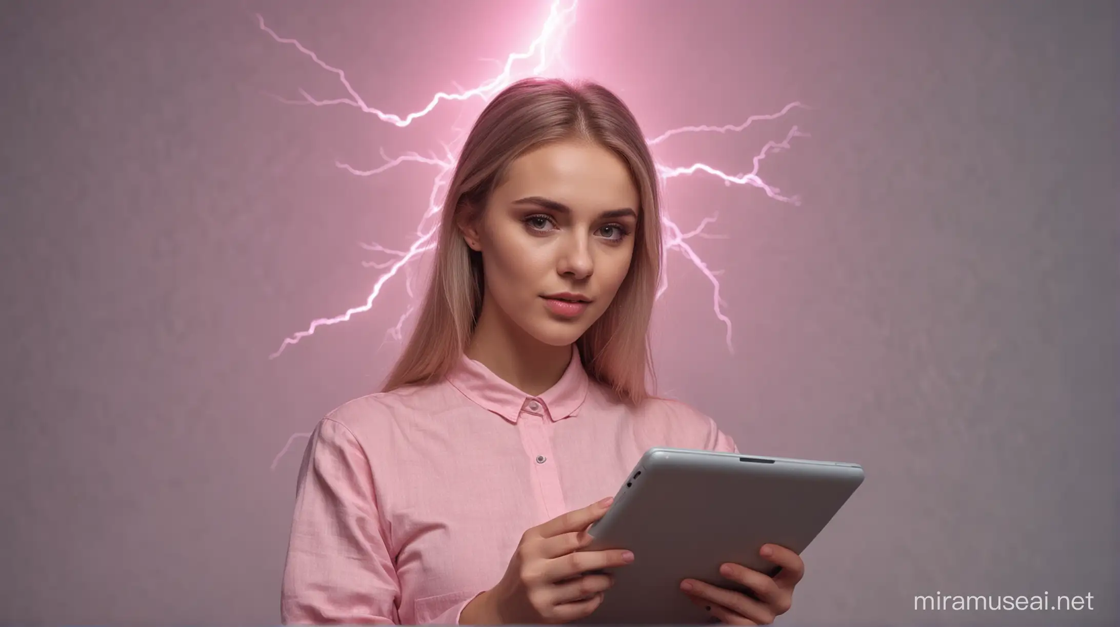 Sexy young slavic woman is holding a tablet and learning English. Muted light. Pink lightning