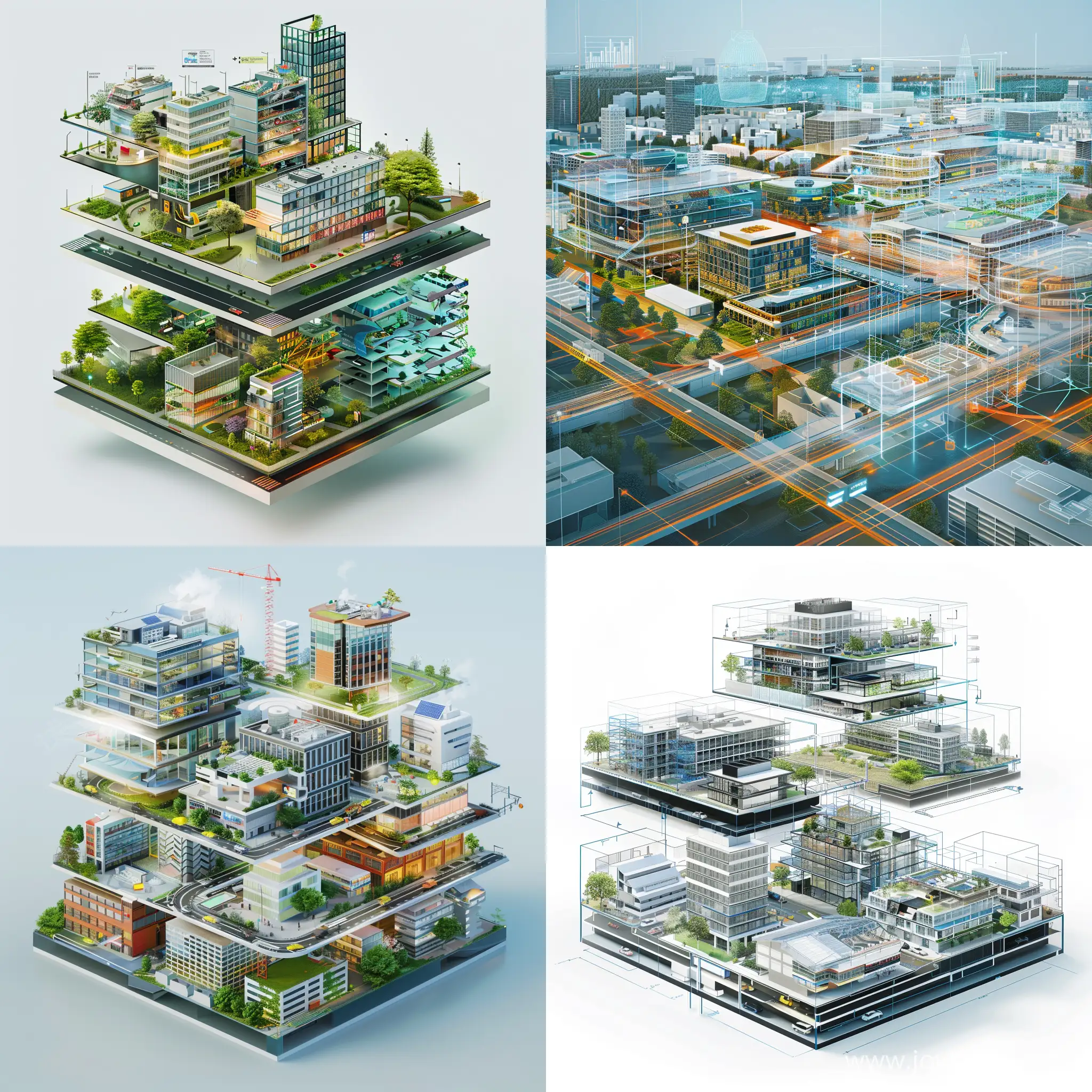 The digital twin of a modern city with several layers like buildings, infrastructure, transport, communications etc. 