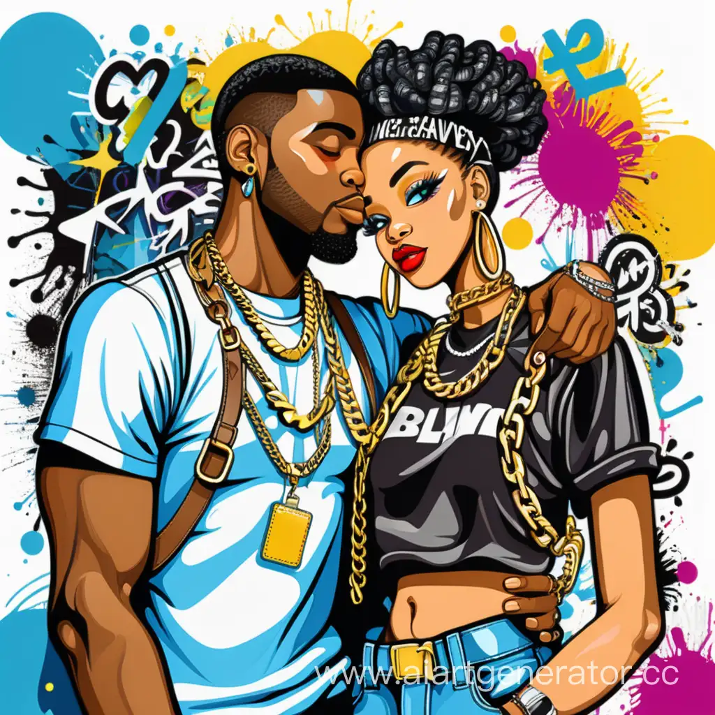 Sticker,Pop Art, Black couple with Funky Accessories and Graffiti Background, urban style statement chains ,contour, polychromatic vector,white background