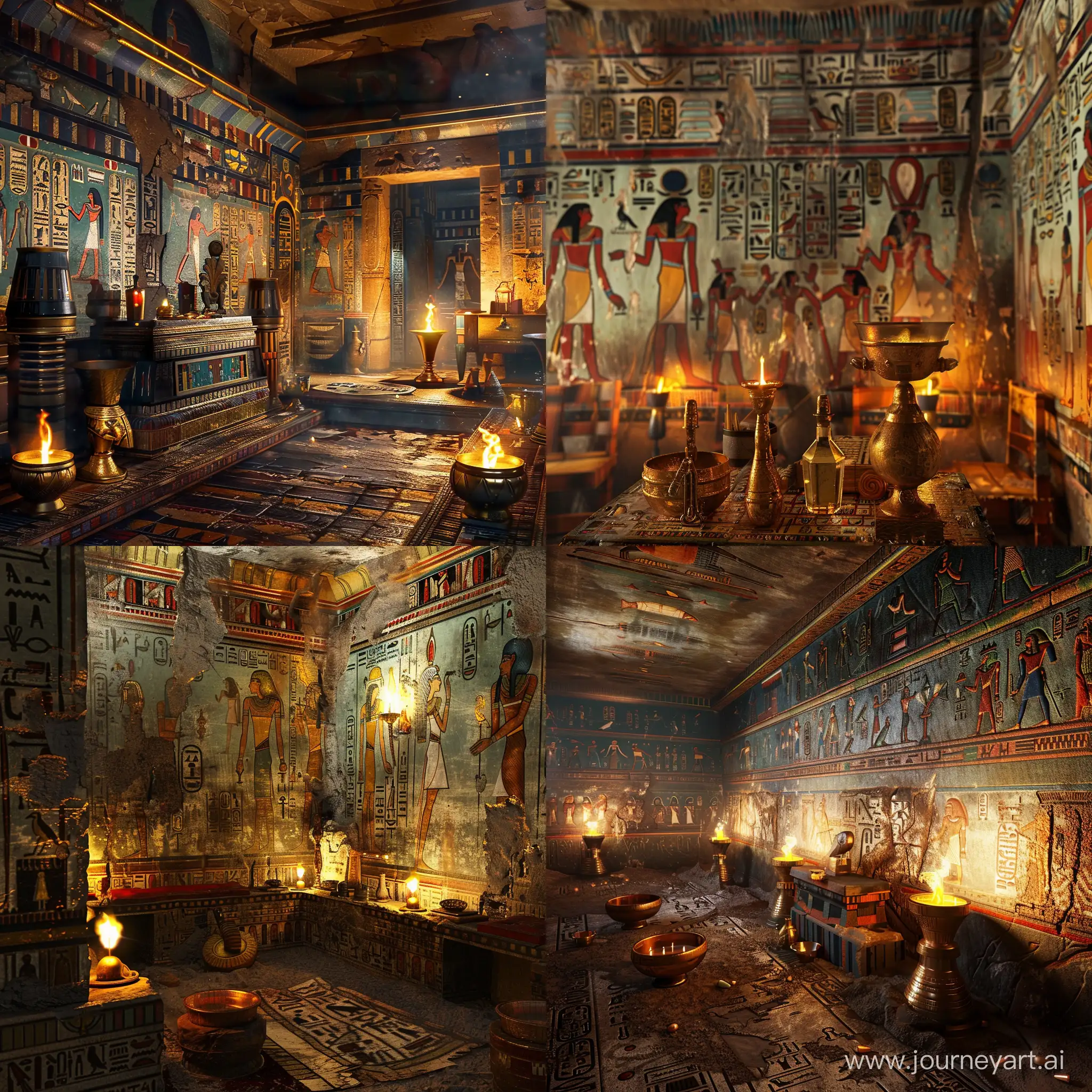 старая египетская гробница, расписанные стены, мерцание масляных ламп, золотые украшения, предметы мебели, Древний Египет 