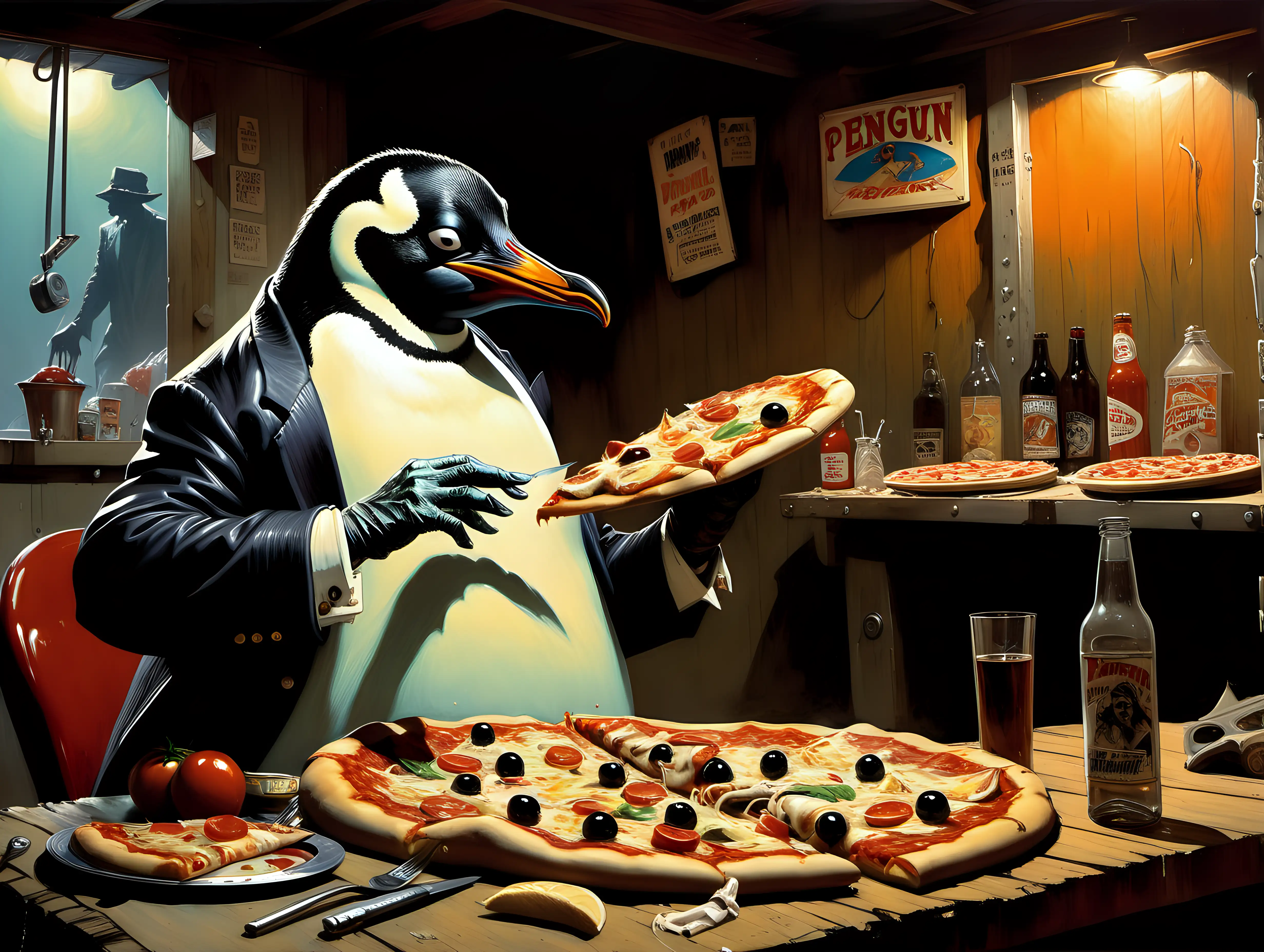 The Penquin eating pizza in a juke joint Frank Frazetta style painting