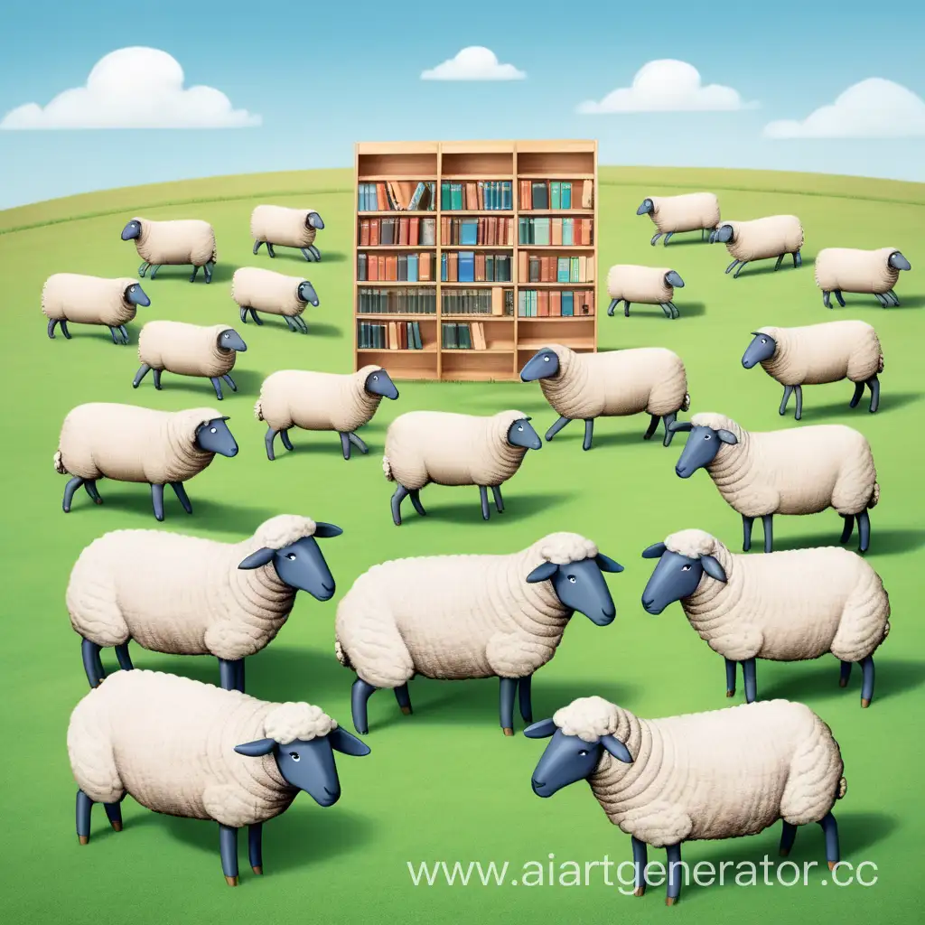 Sheep-Grazing-Amongst-Library-Books-in-a-Picturesque-Field
