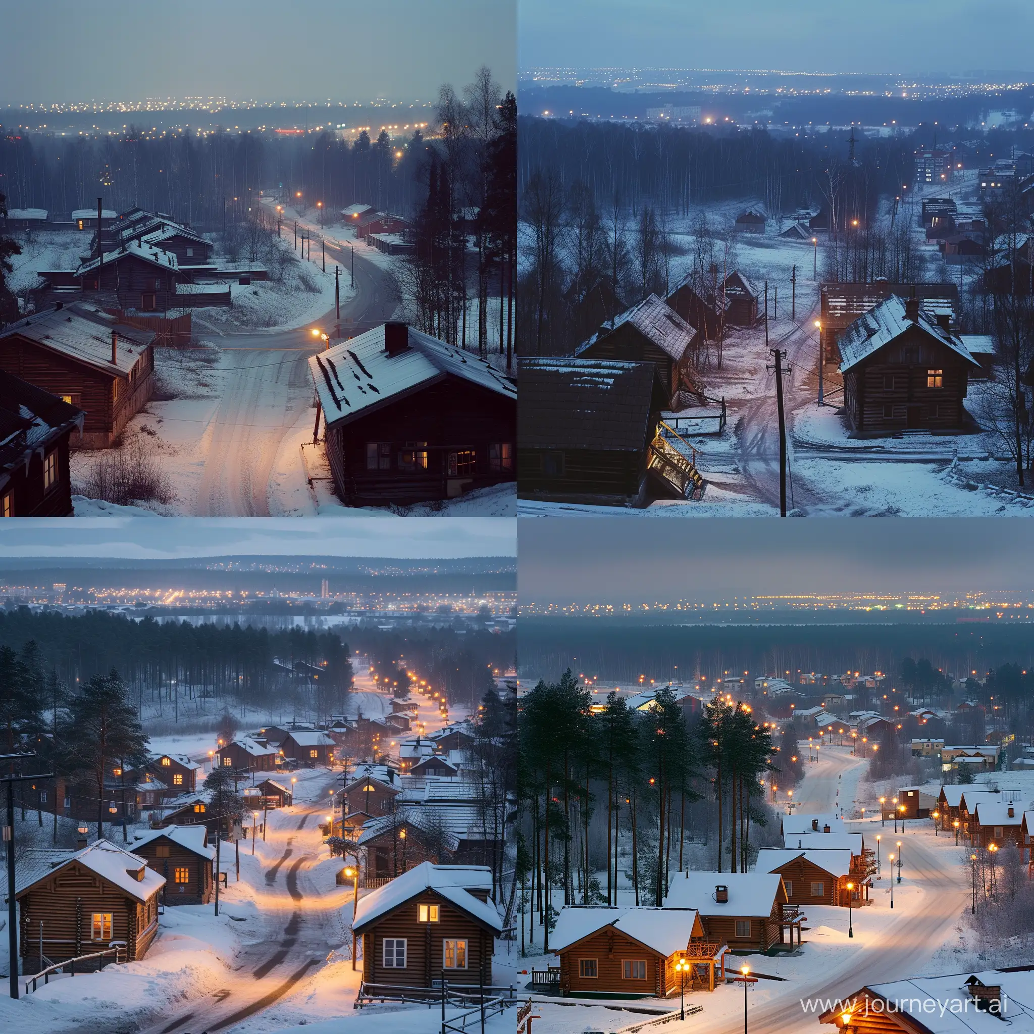 Cozy-Winter-Evening-in-a-Rustic-Village-with-City-Lights