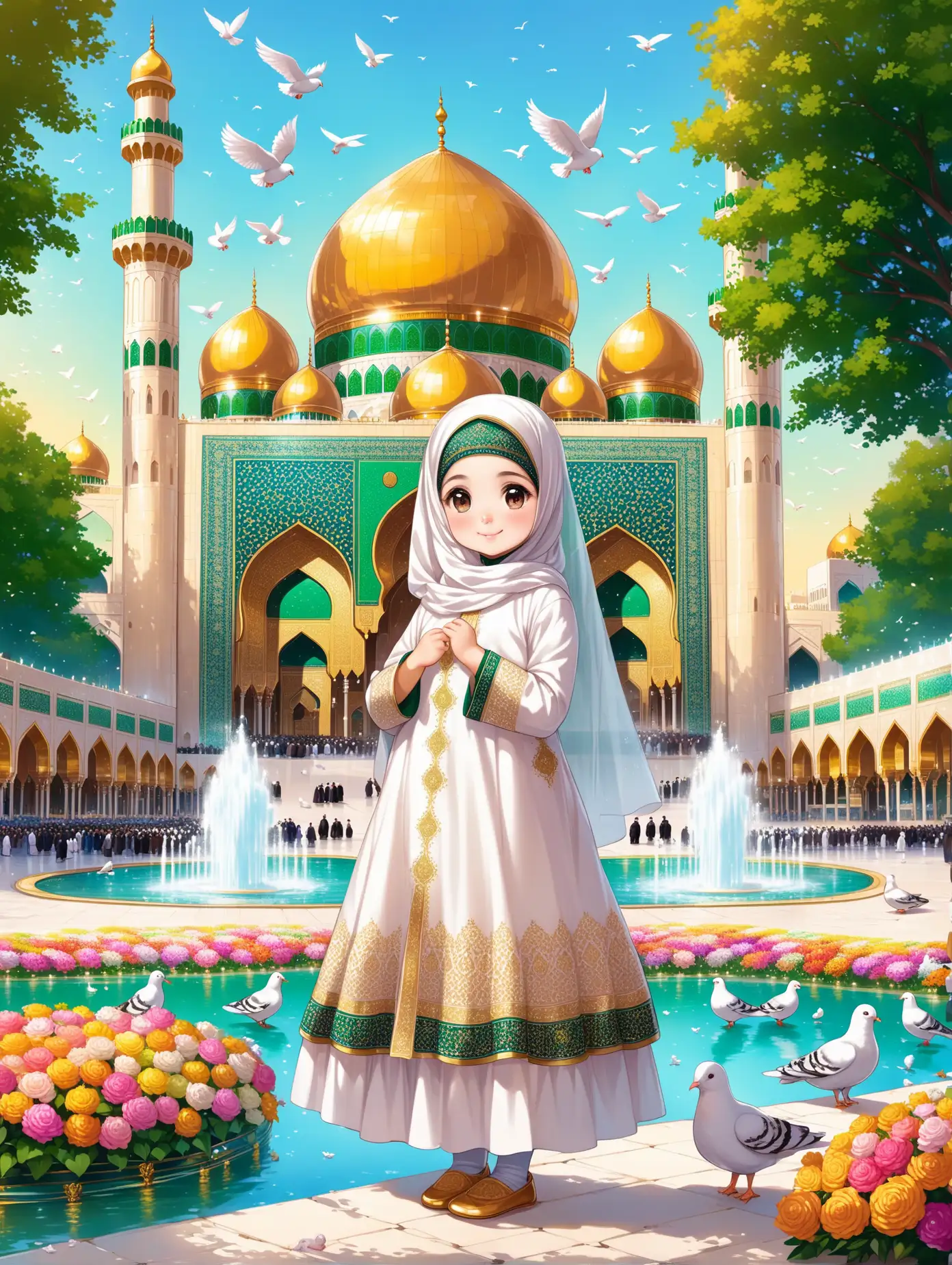 Character Persian little girl(full height, proudly, baby face, Muslim, with emphasis no hair out of veil(Hijab), smaller eyes, bigger nose, white skin, cute, smiling, wearing socks, clothes full of Persian designs).

Atmosphere beautiful shrine of Imam Reza, yard, golden dome, colorful flowers, pond with water fountain, many pigeons, nobody.