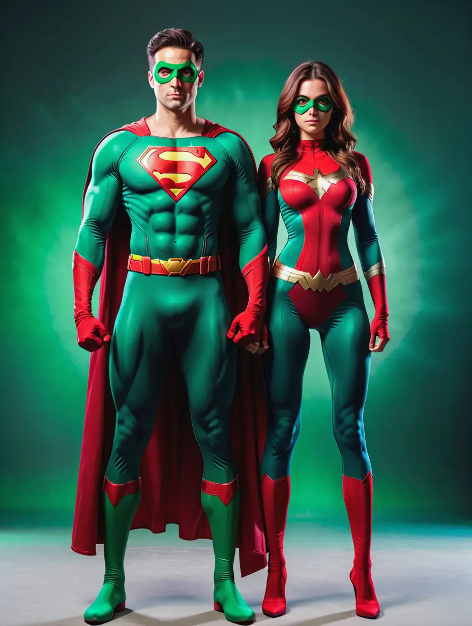 male and female superhero in green and red colors