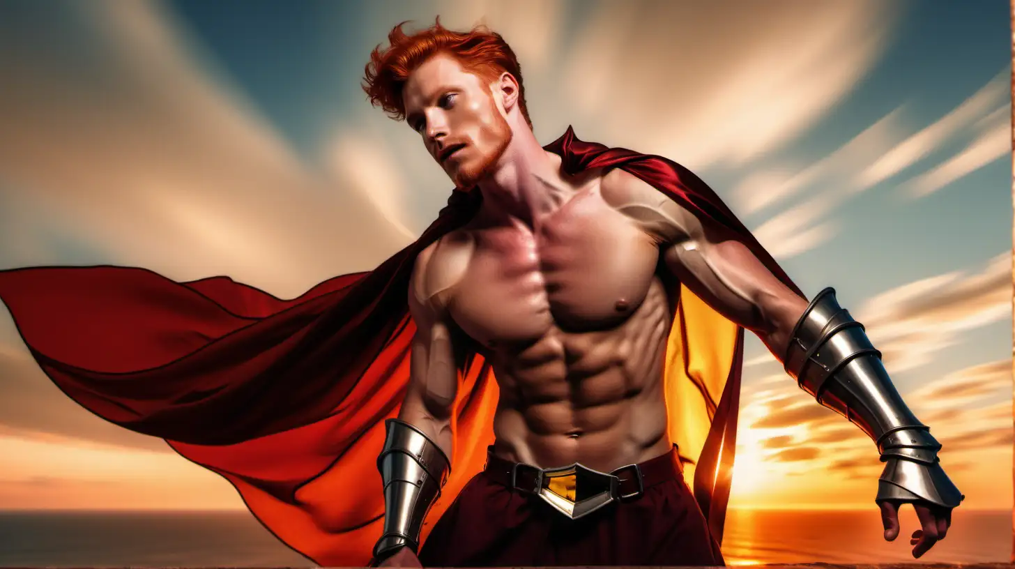 Redheaded Shirtless Knight in MidAir Flight with Stained Glass Cape at Sunset