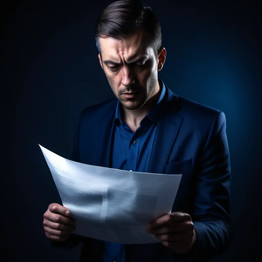 professional photo with slight reflection. dark blue theme. man looking confused at paper