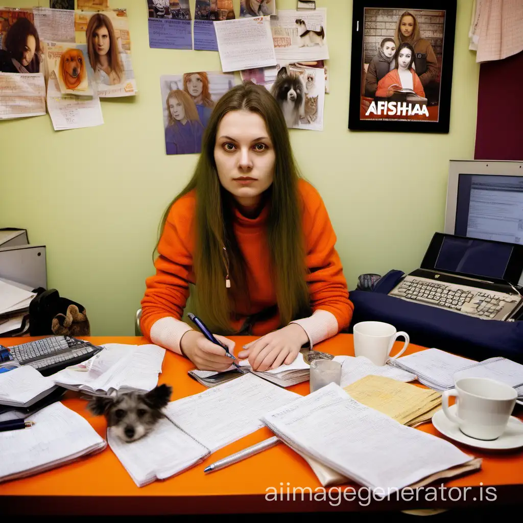 I am a 25-year-old Slavic woman with long hair. I'm wearing jeans, an orange sweater with the word "AFISHA" written on it, and "Crocs" slippers on my feet. I work in an office and sell the tickets for a music concert. My table is piled with documents, coffee cups, several cell phones, and hand cream. I'm talking on two mobile phones at a time and writing in a notebook. Behind me on the wall is a poster of a cat and dogs.