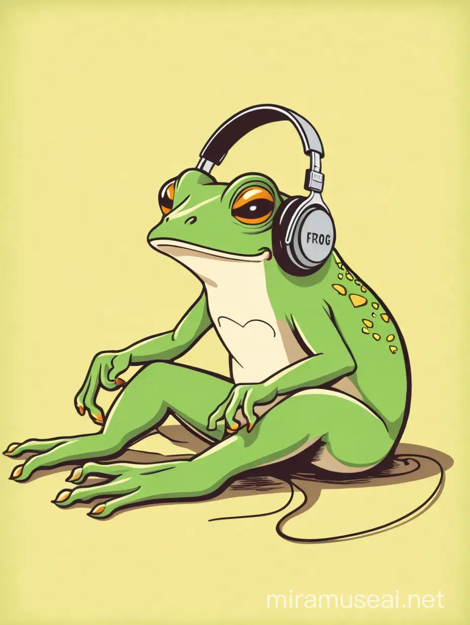 smiling Frog relaxing with a large cup of coffee listening to music on large headphones. Overhead view.