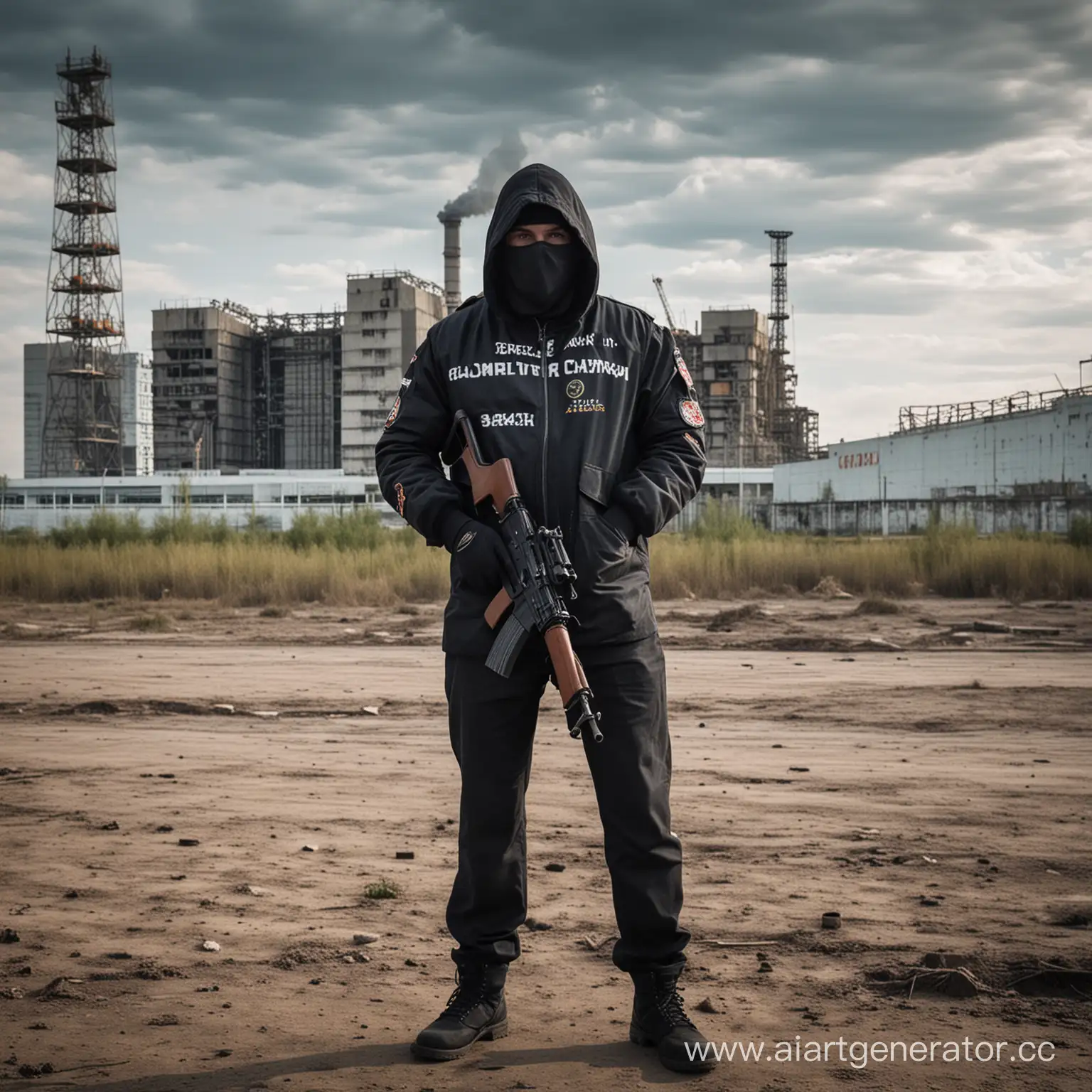 сталкер в черной куртке стоит на фоне ЧАЭС, с автоматом калашникова. На куртке надпись Crazy Unit