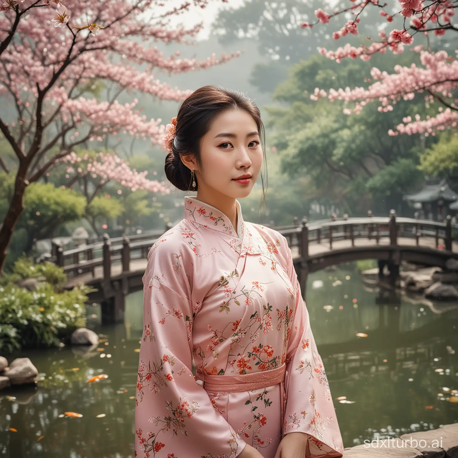 portrait photograph of a young Chinese woman in a traditional Cheongsam dress, serene and inviting aura, delicate oval face, porcelain-like fair complexion, almond-shaped sparkling dark brown eyes, finely arched eyebrows, elegantly sculpted nose, naturally rosy lips with a bright smile and dimples, long straight black hair, serene traditional Chinese garden background with cherry blossoms, arched bridge over a koi pond, mist-covered mountains, ultra realistic, traditional elegance, cultural roots, harmony, art by Chen Man and Zhang Jingna.
