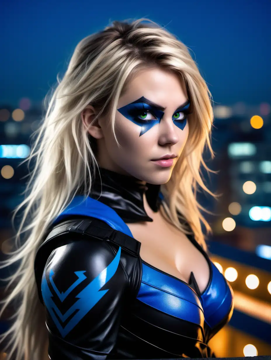 Mesmerizing Nightwing Cosplay on Rooftop with Neon Cityscape