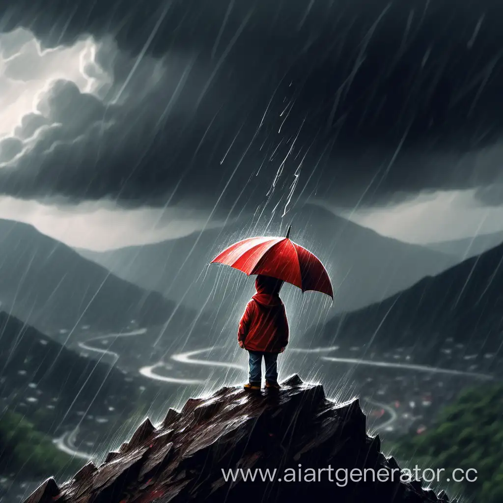 Нарисуй грустную картину.На который стоит маленький человек на горе.Идёт сильный дождь.Ему разбили сердце